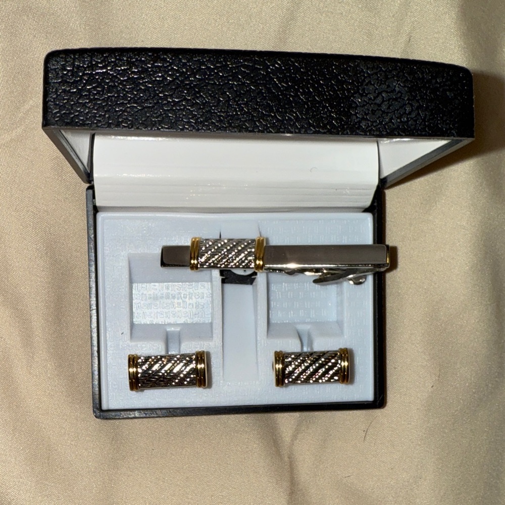 Elegant Silver and Gold Cufflinks and Tie Clip Set